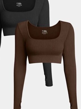 OQQ NWOT Women's Square Neck Long Sleeve Crop Top - Brown